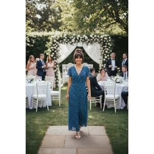 Bar III Blue Black Heart Print Maxi Dress V Neck Side Slits Size M Casual Date